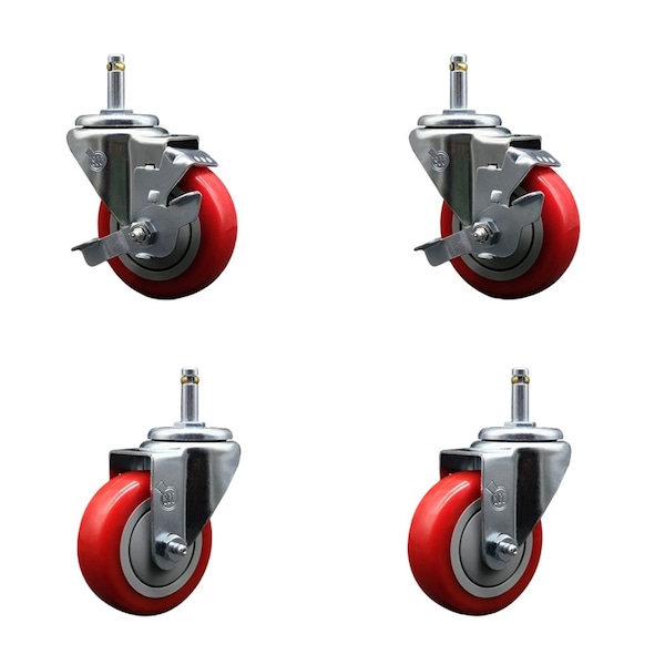 Service Caster 3.5'' Red Poly Wheel Swivel 7/16'' Grip Ring Stem Caster Set 2 Brakes, 4PK GR20S3514-PPUB-RED-TLB-716138-2-S-2 - main